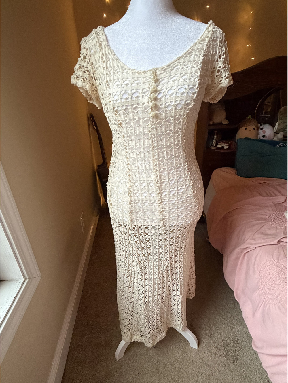 Vintage 90s Breakin’ Loose Cream Crochet Open Knit Pearl Detail Maxi Dress